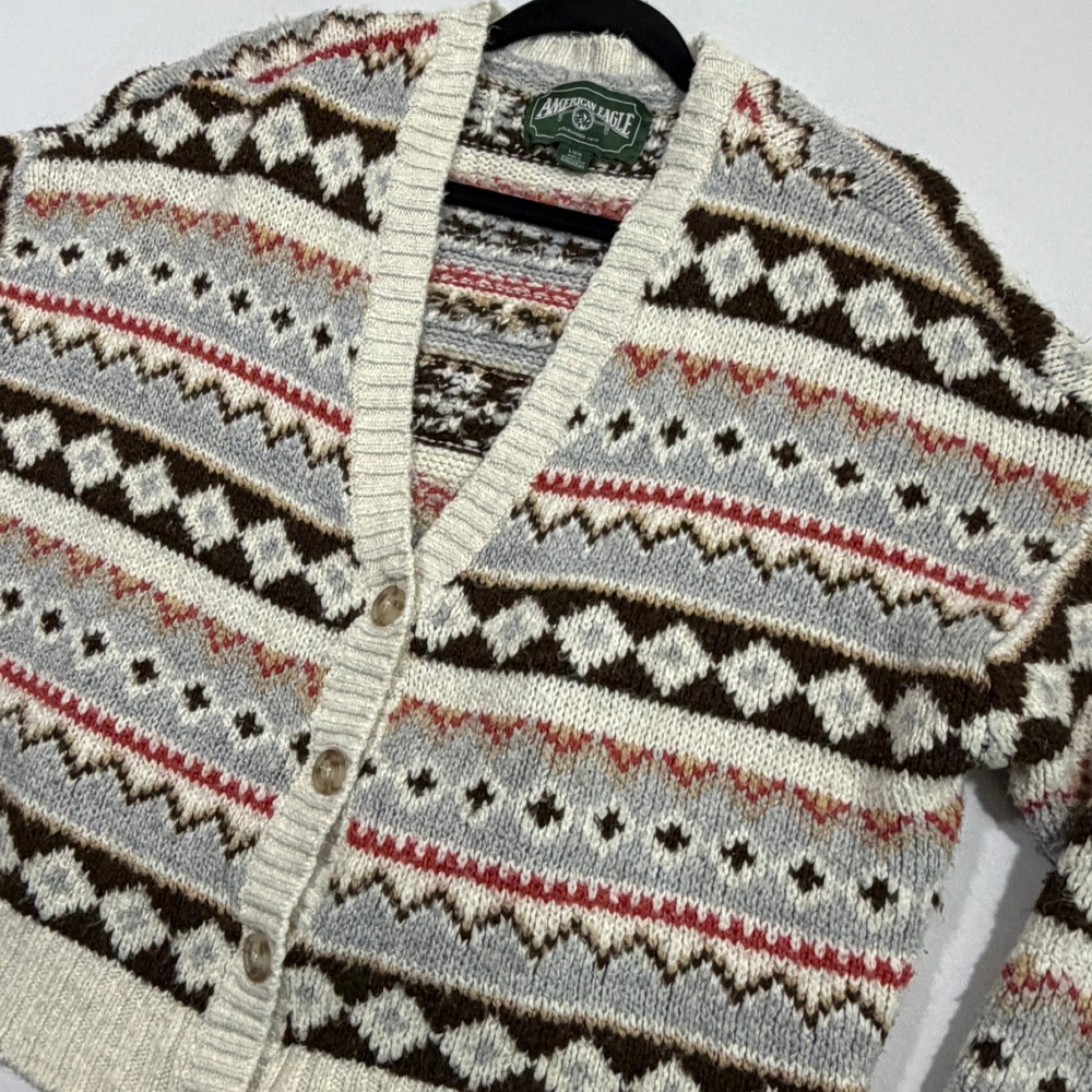 American Eagle Cardigan Sweater Women L Cream Fair Isle Knit Button Cozy Boho